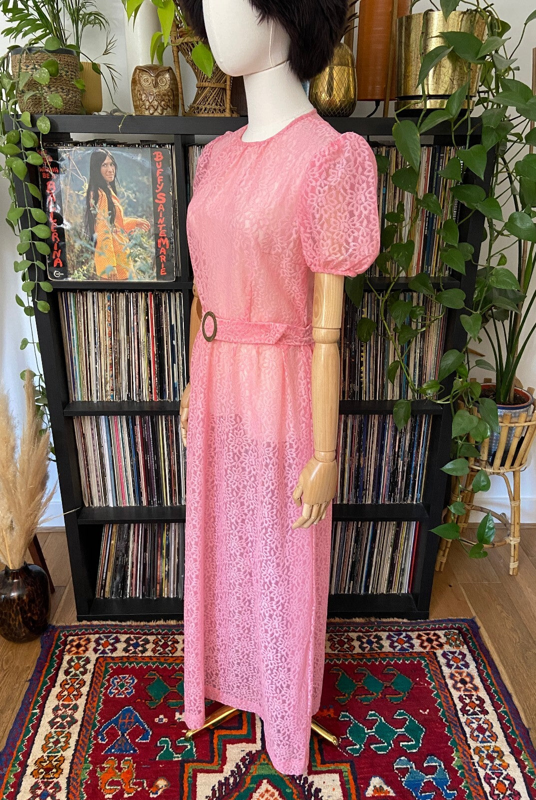 Vintage 1970s Pink Lace Maxi Dress