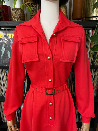 Vintage 1970s Red Utility Shirt Dress