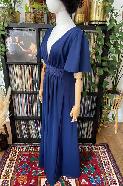 Vintage 1970s Navy Flutter Sleeve C&A Maxi Dress