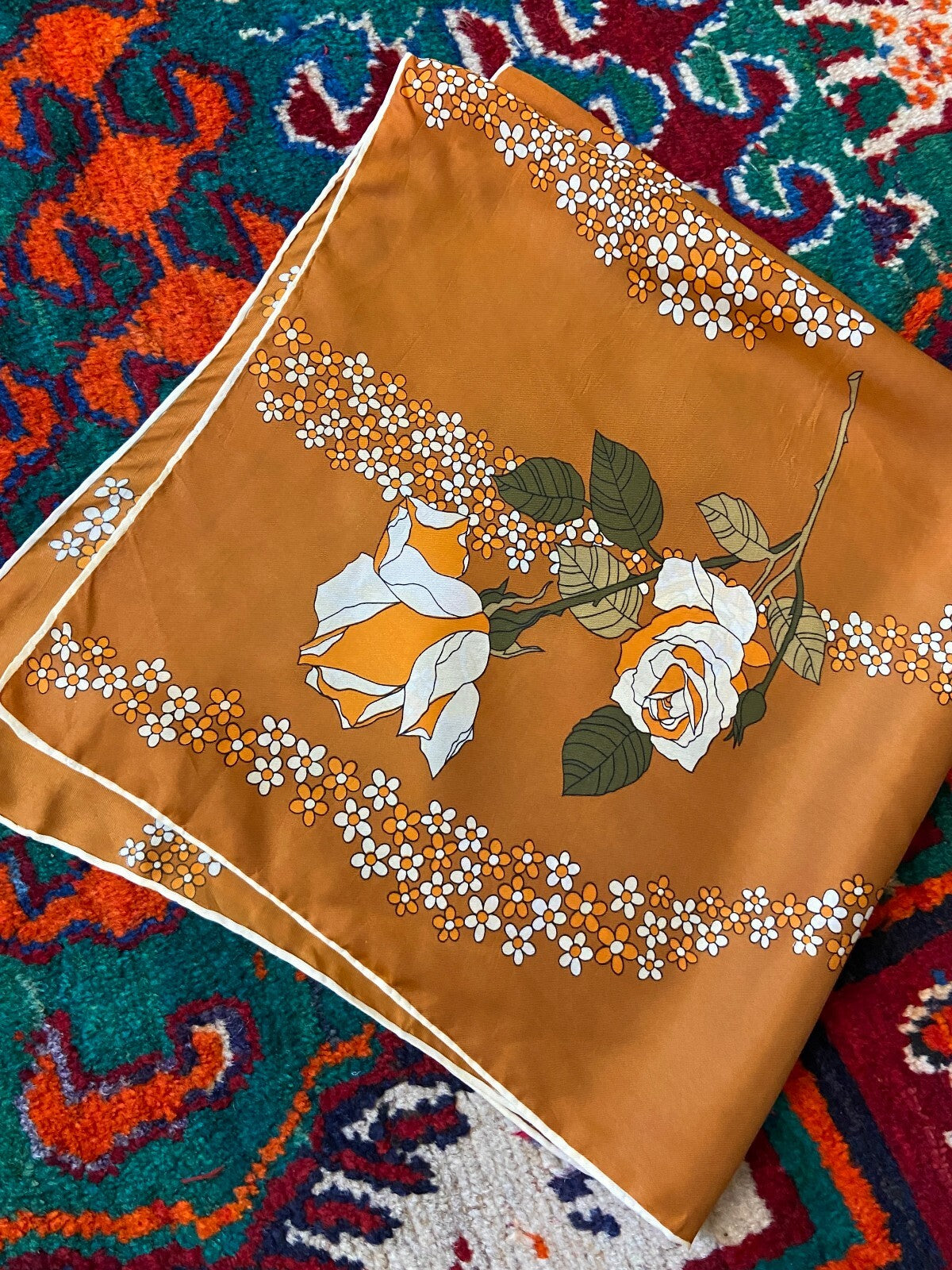 Vintage 1960s Brown Flower Power Scarf