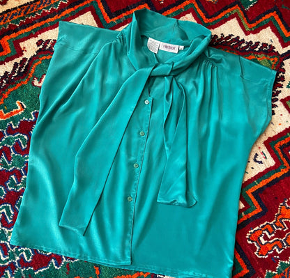 Vintage 1980s Green Pussybow Blouse