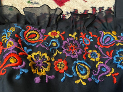 Vintage 1970s Black Embroidered Maxi Dress
