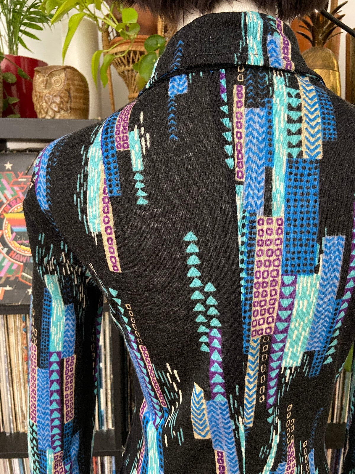 Vintage 1970s Black & Blue Printed Shirt Dress