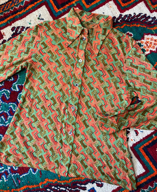 Vintage 1970s Green & Orange Print Dagger Collar Shirt
