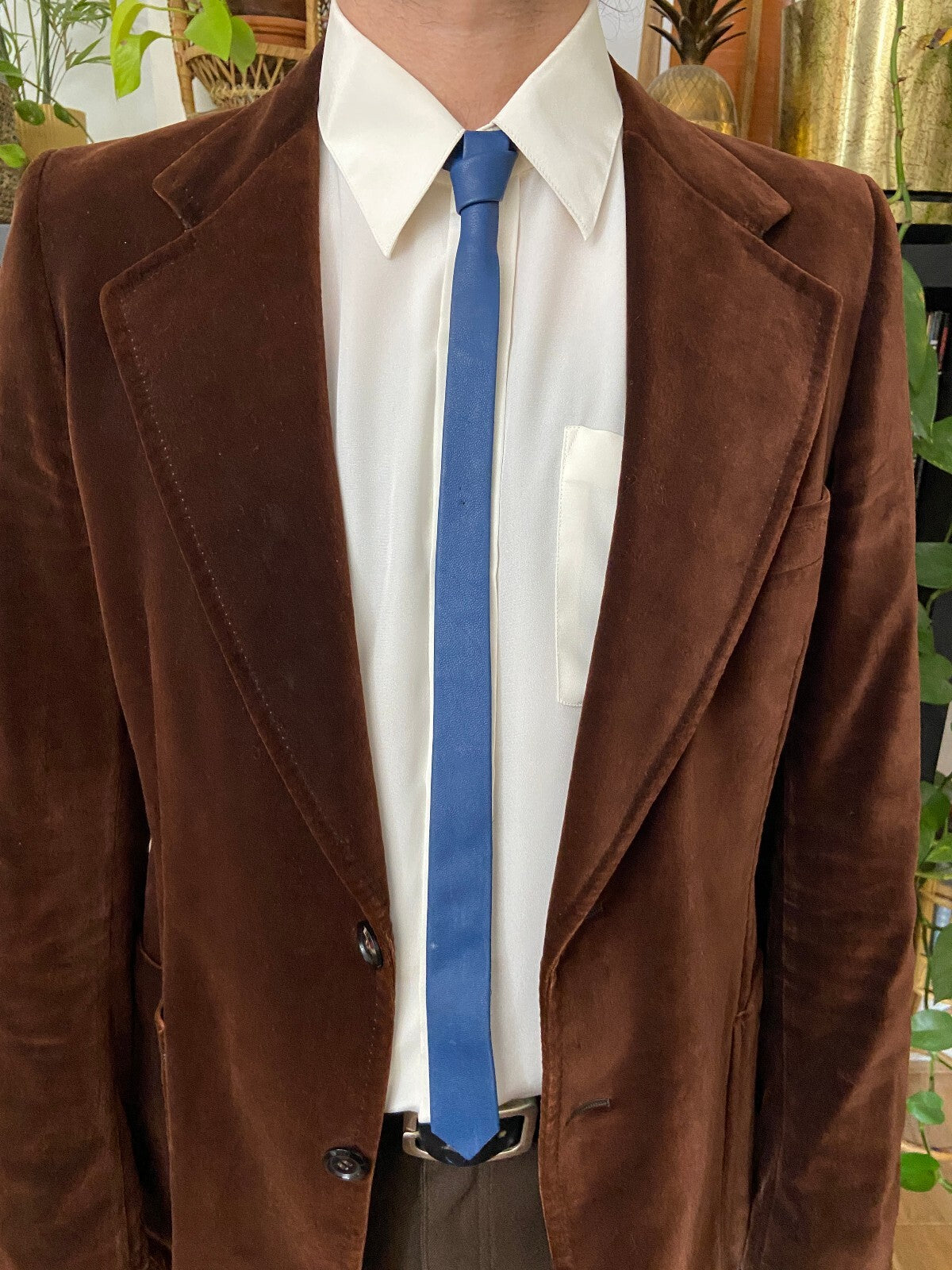 Vintage 1970s Blue Leather Skinny Tie