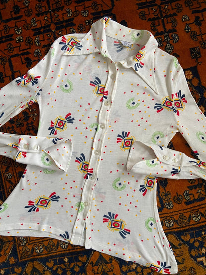 Vintage 1970s Cream Knit Dagger Collar Shirt