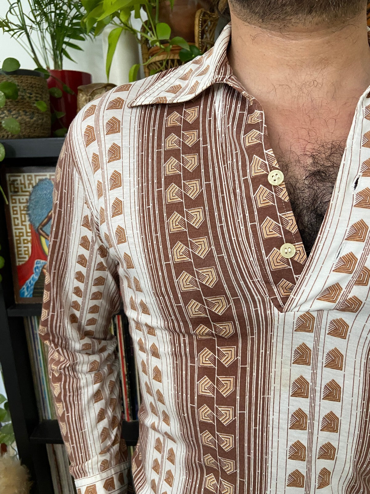 Vintage 1970s Japanese Geometric Print Jersey Top