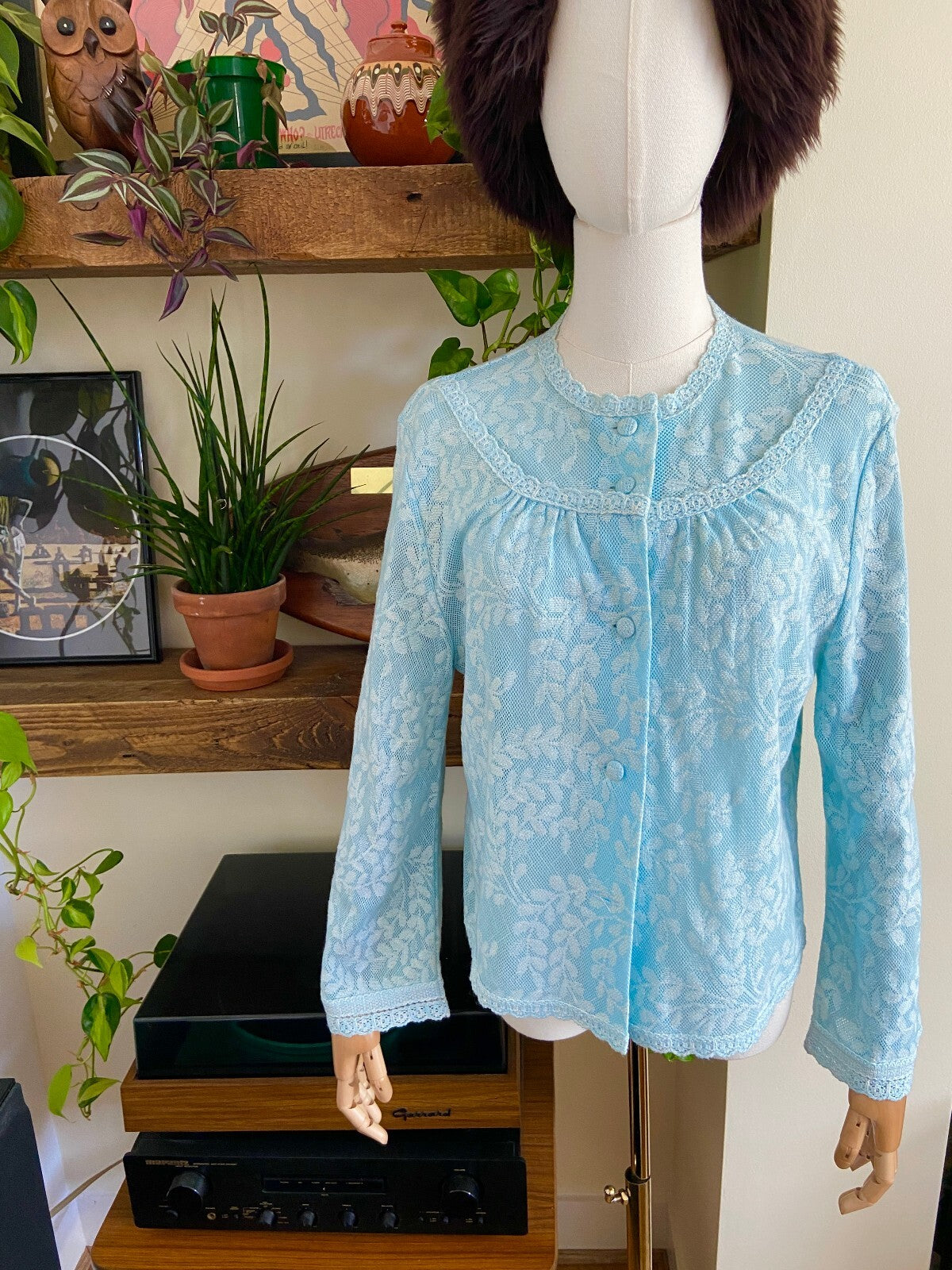 Vintage 1970s Pale Blue Lace Cardigan