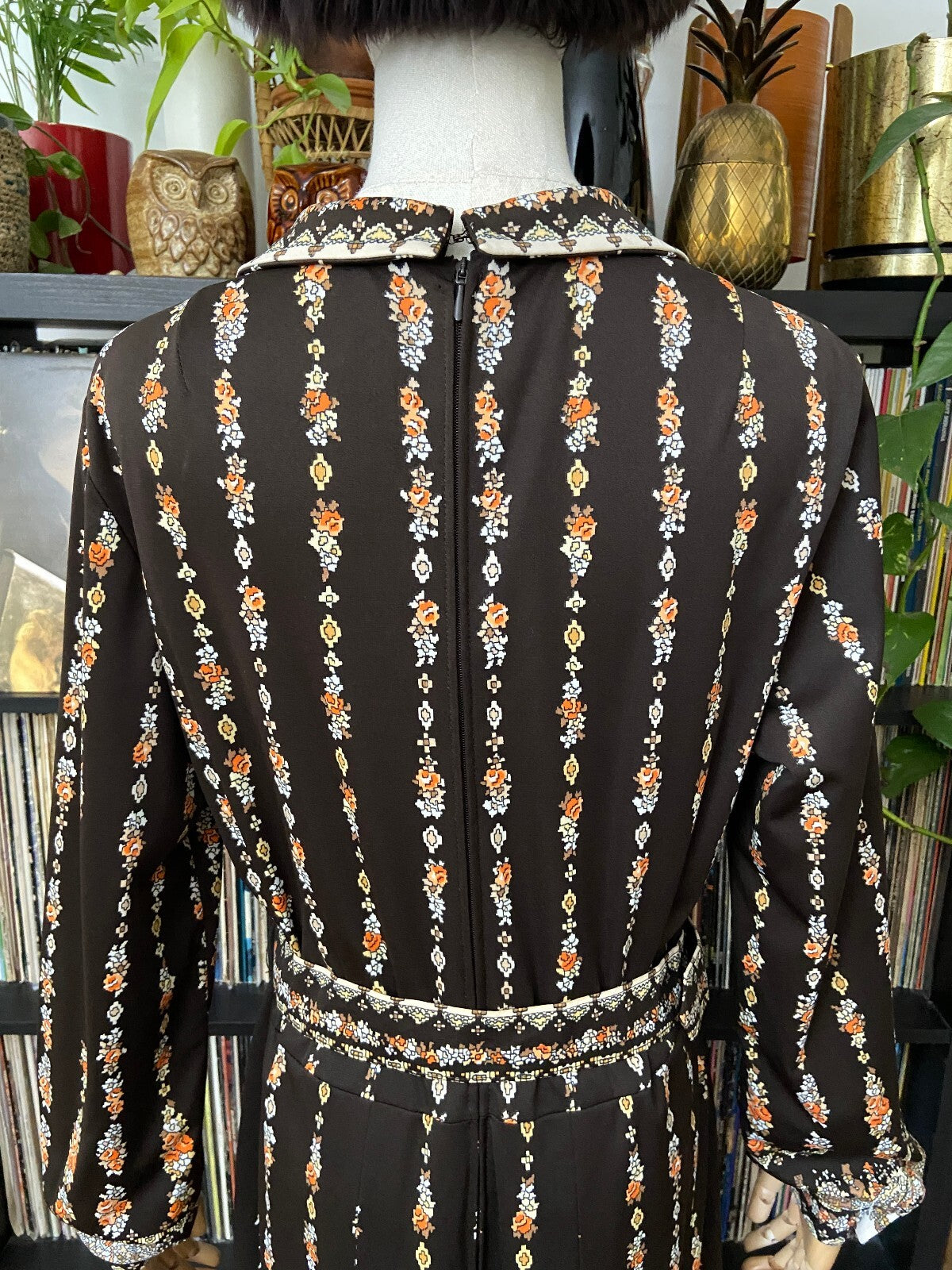 Vintage 1970s Brown Print Belted Dress