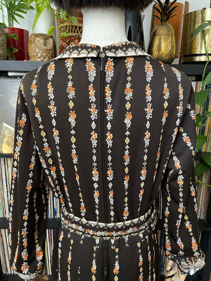 Vintage 1970s Brown Print Belted Dress