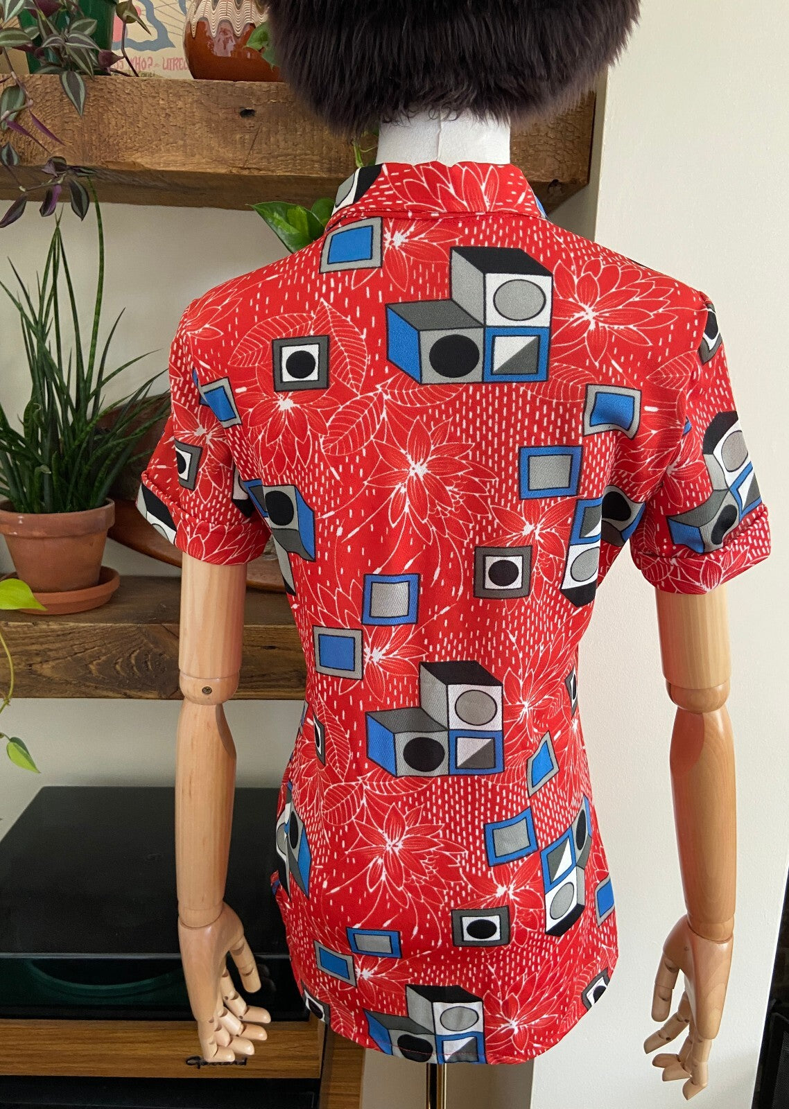Vintage 1970s Red Geometric Print Shirt