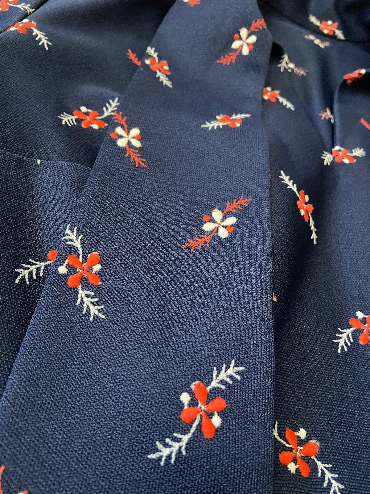 Vintage 1970s Navy Embroidered Pussybow Dress