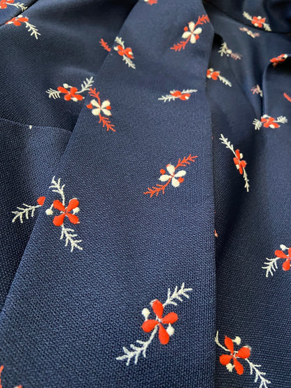 Vintage 1970s Navy Embroidered Pussybow Dress