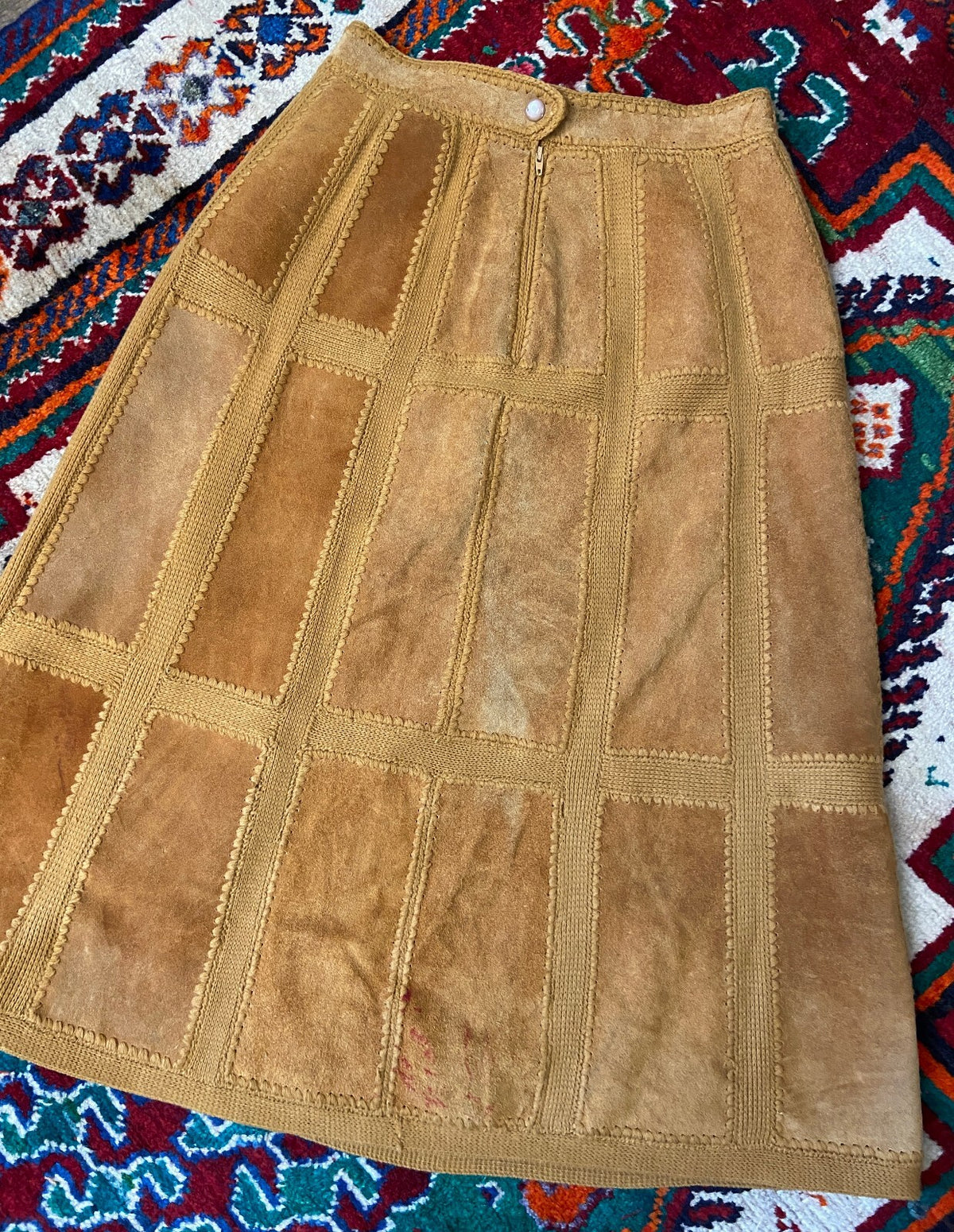 Vintage 1970s Tan Suede Patchwork Midi Skirt