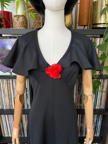 Vintage 1970s Black Flutter Cape Red Rose Maxi Dress