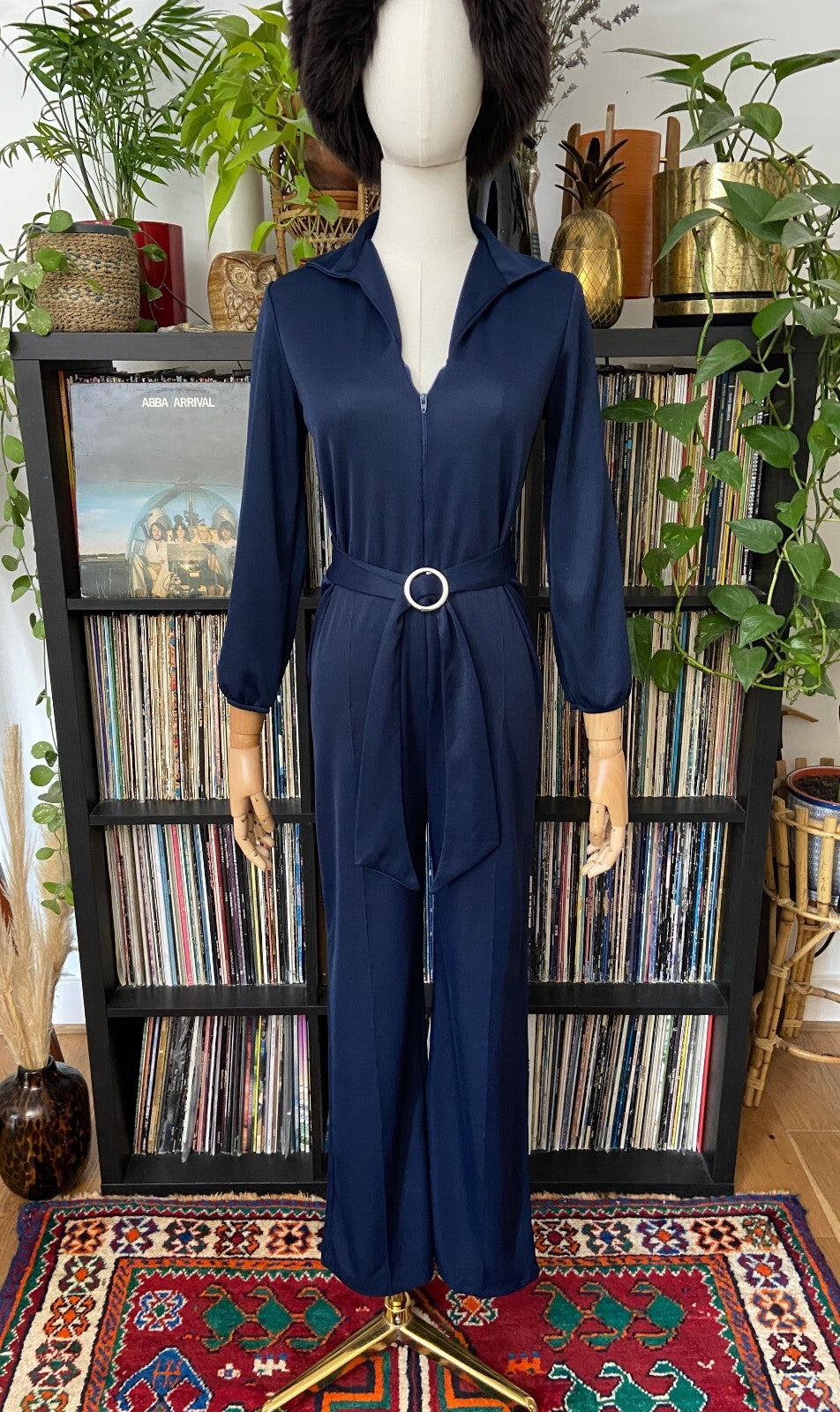 Vintage 1970s Navy Zip Up Belted Disco Jumpsuit