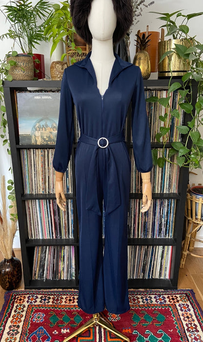 Vintage 1970s Navy Zip Up Belted Disco Jumpsuit
