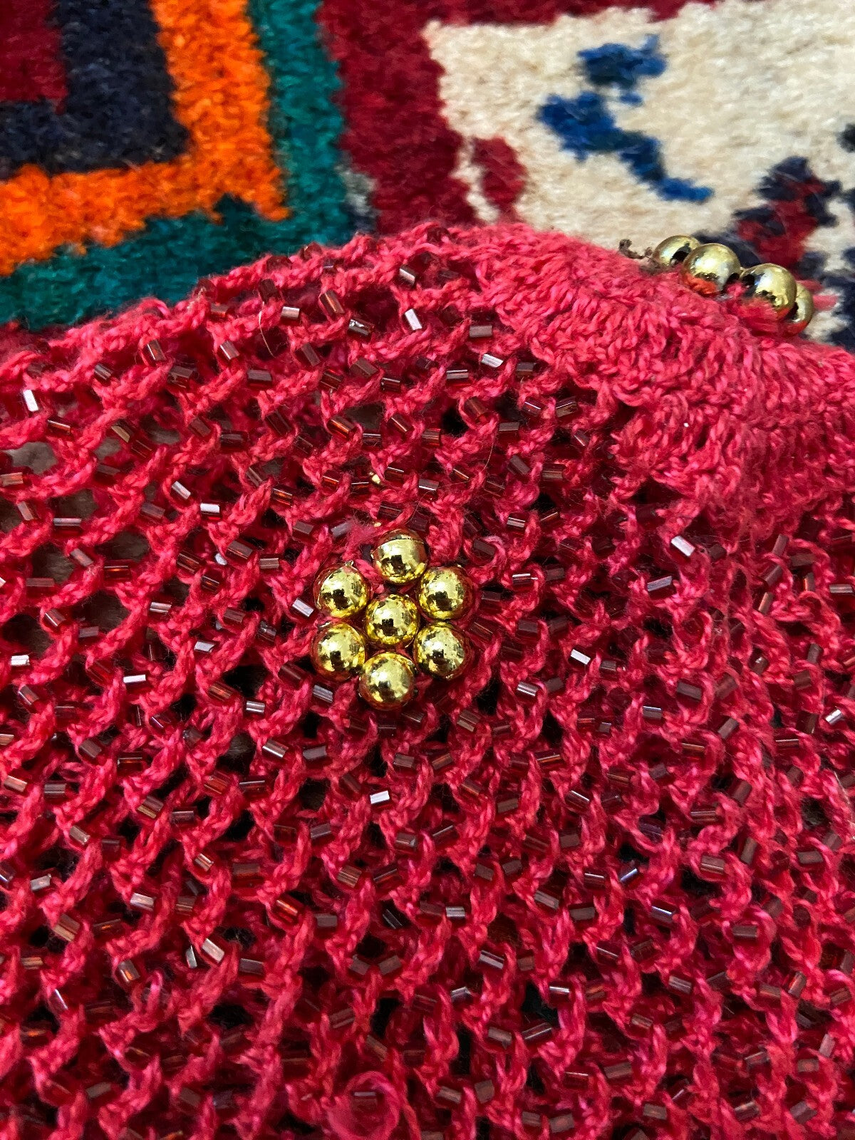 Vintage Red & Gold Crochet Tassel Cap