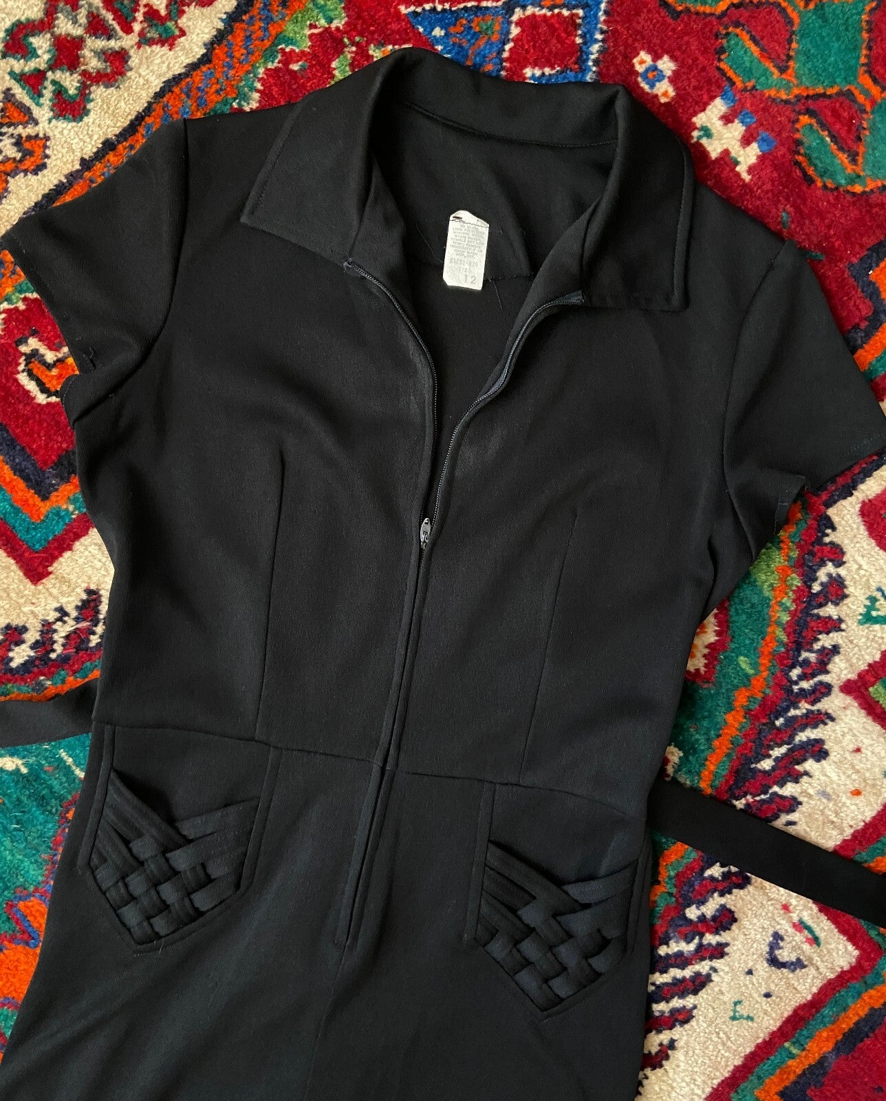 Vintage 1970s Black Plait Pocket Flared Jumpsuit