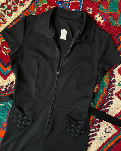 Vintage 1970s Black Plait Pocket Flared Jumpsuit