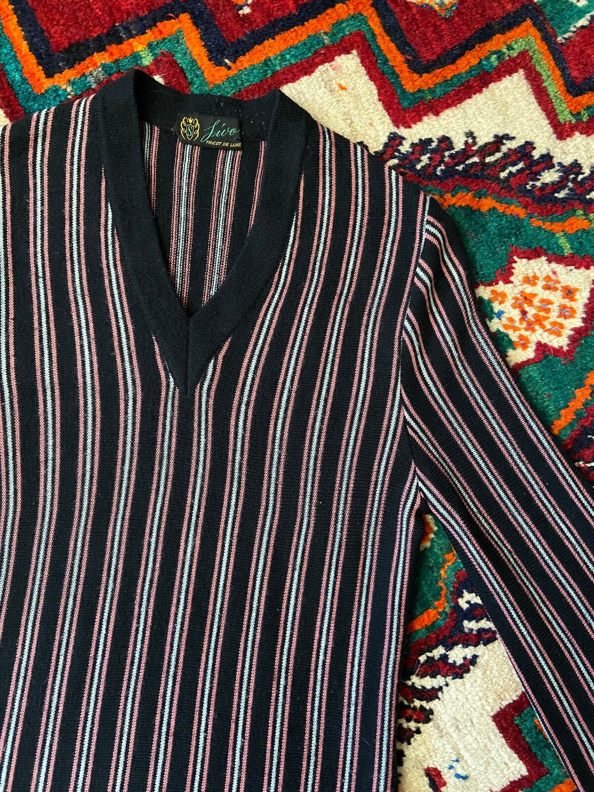 Vintage 1970s Black & Pink Striped V-Neck Jumper