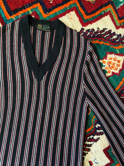 Vintage 1970s Black & Pink Striped V-Neck Jumper