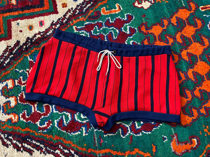 Vintage 1970s Red Navy Striped Swim Shorts