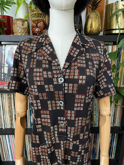 Vintage 1970s Black Printed Shirt Dress