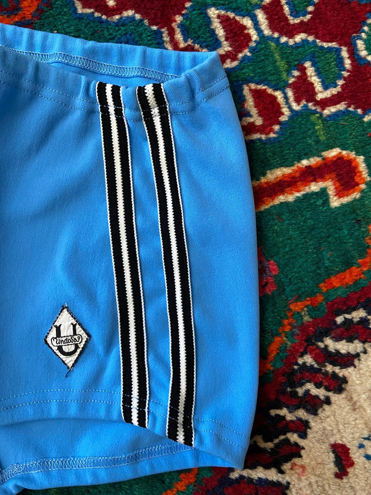 Vintage 1970s Pale Blue Stripe Trim Swim Shorts
