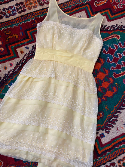 Vintage 1960s Pale Lemon Tiered Party Dress