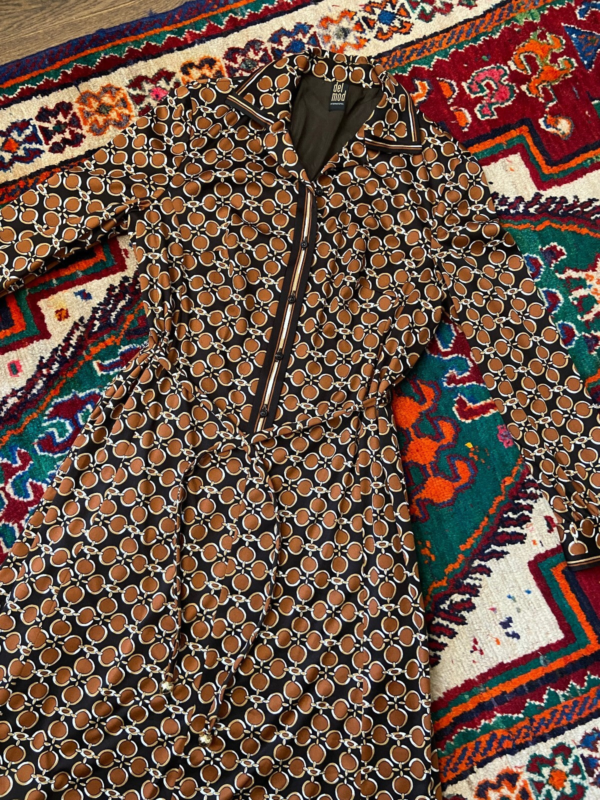Vintage 1970s Brown Retro Print Shirt Dress