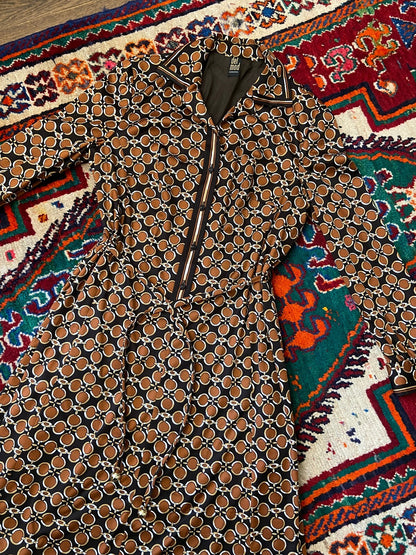 Vintage 1970s Brown Retro Print Shirt Dress