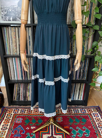 Vintage 1970s Dark Green Lace Trim Prairie Dress