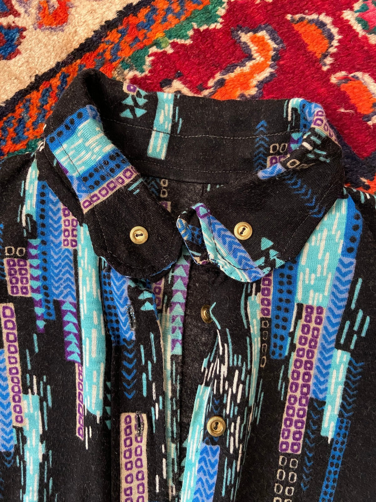 Vintage 1970s Black & Blue Printed Shirt Dress