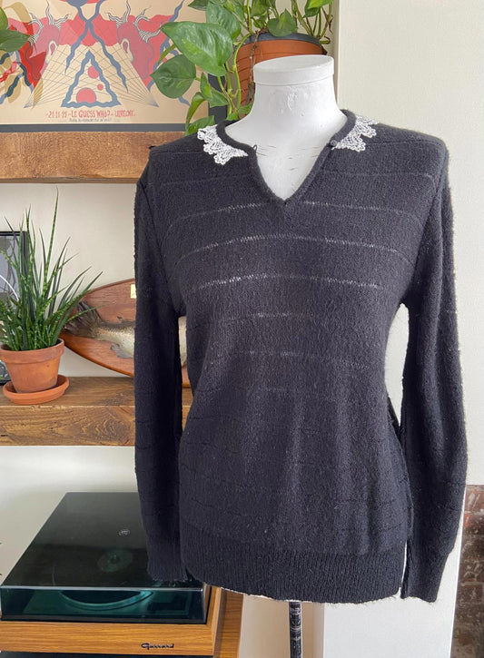Vintage 1980s Black Lace Trim Jumper