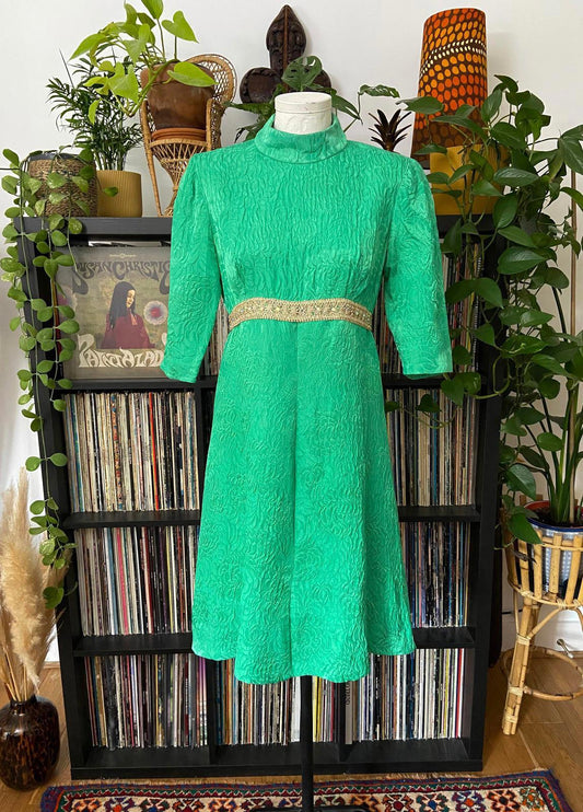 Vintage 1960s Green Gold Brocade Dress