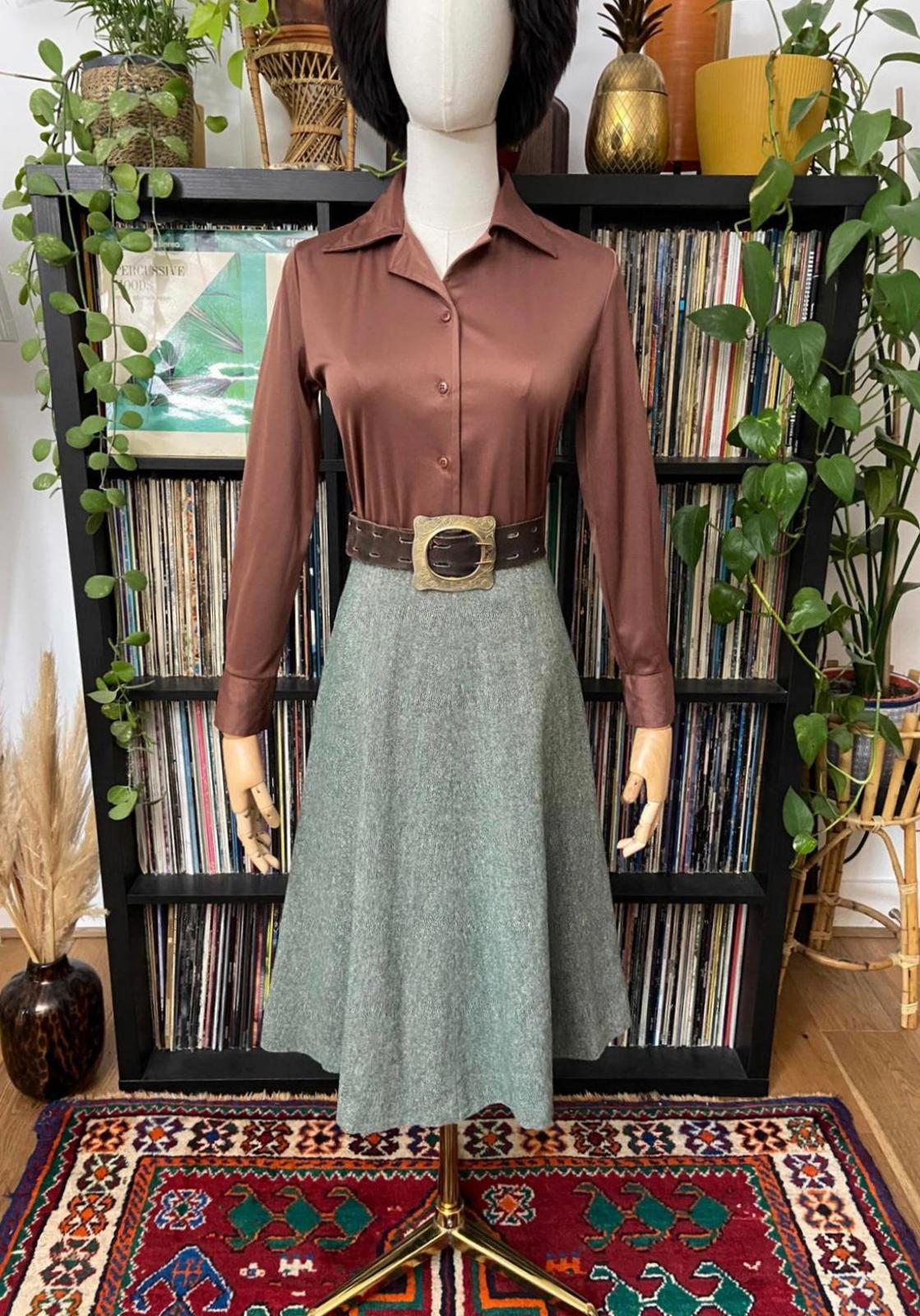 Vintage 1970s Green Tweed A-Line Skirt