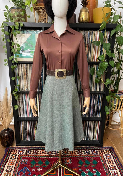 Vintage 1970s Green Tweed A-Line Skirt