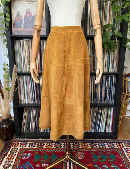 Vintage 1970s Tan Suede Patchwork Midi Skirt