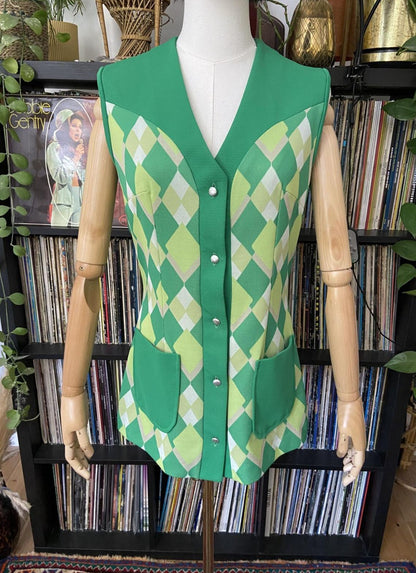 Vintage 1970s Green Argyle Micro Mini Dress