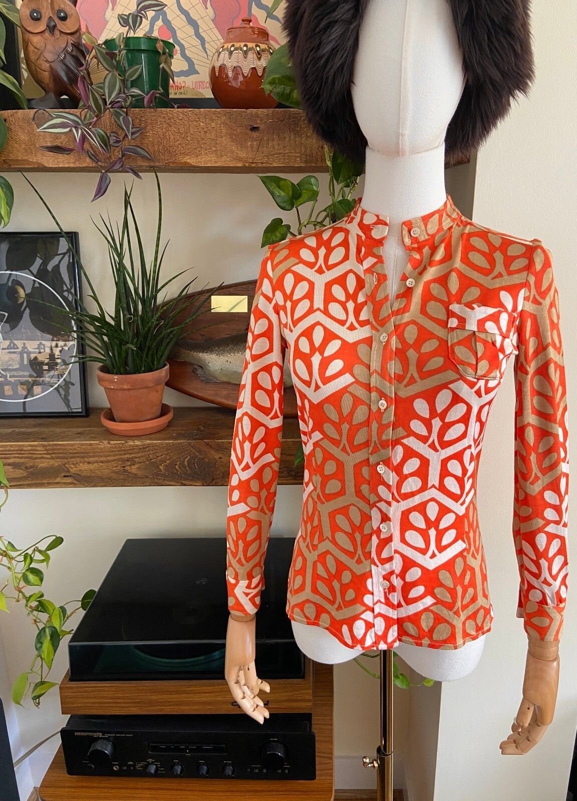 Vintage 1970s Orange & Beige Collarless Shirt