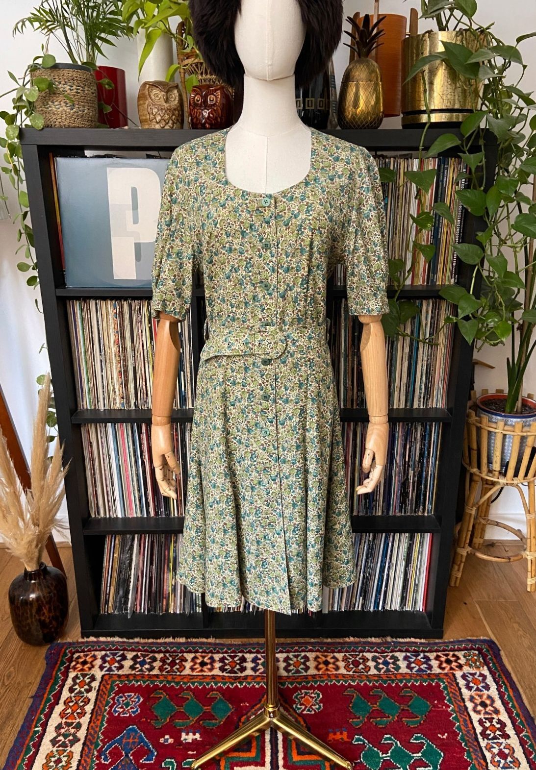 Vintage 90s Green Floral Tea Dress