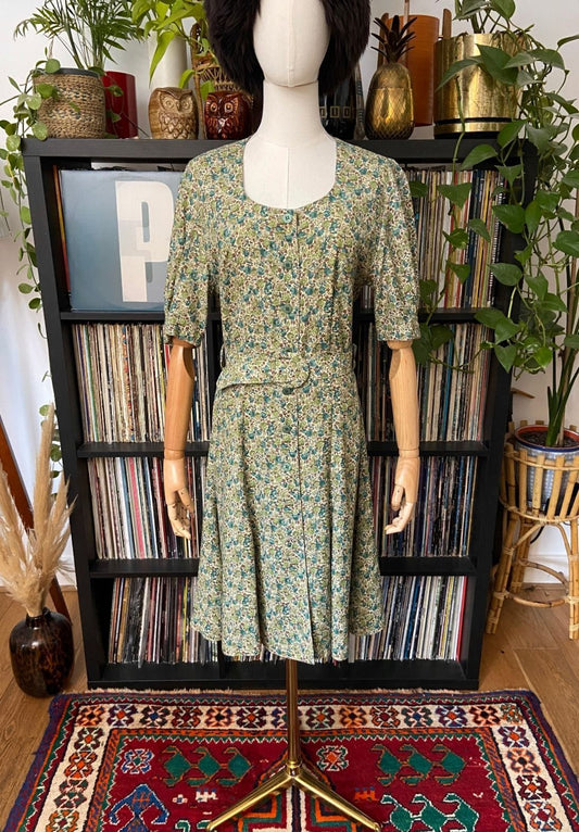 Vintage 90s Green Floral Tea Dress
