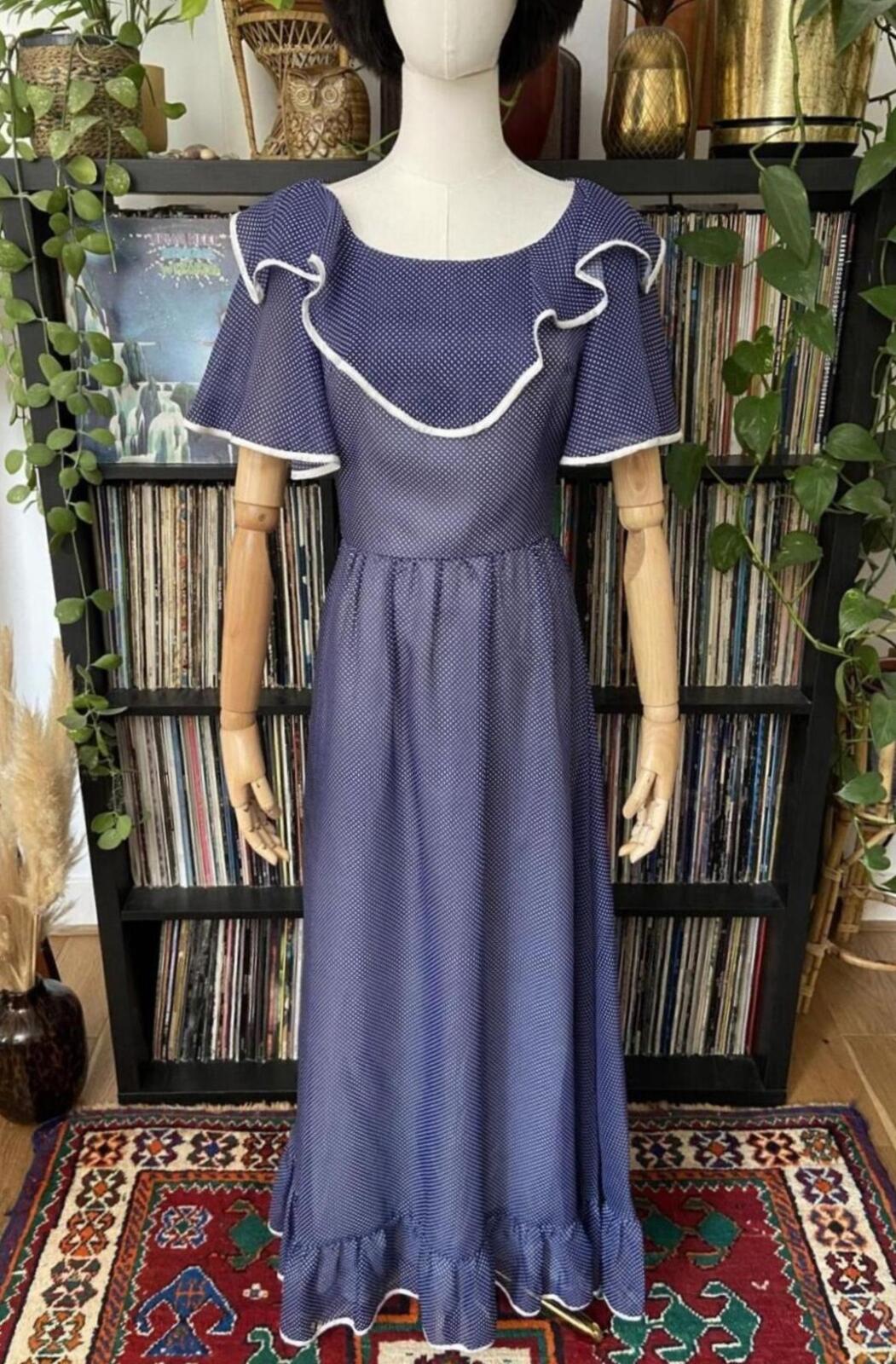 Vintage 1970s Navy Spot Frill Prairie Dress