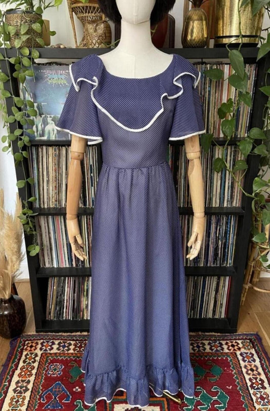 Vintage 1970s Navy Spot Frill Prairie Dress