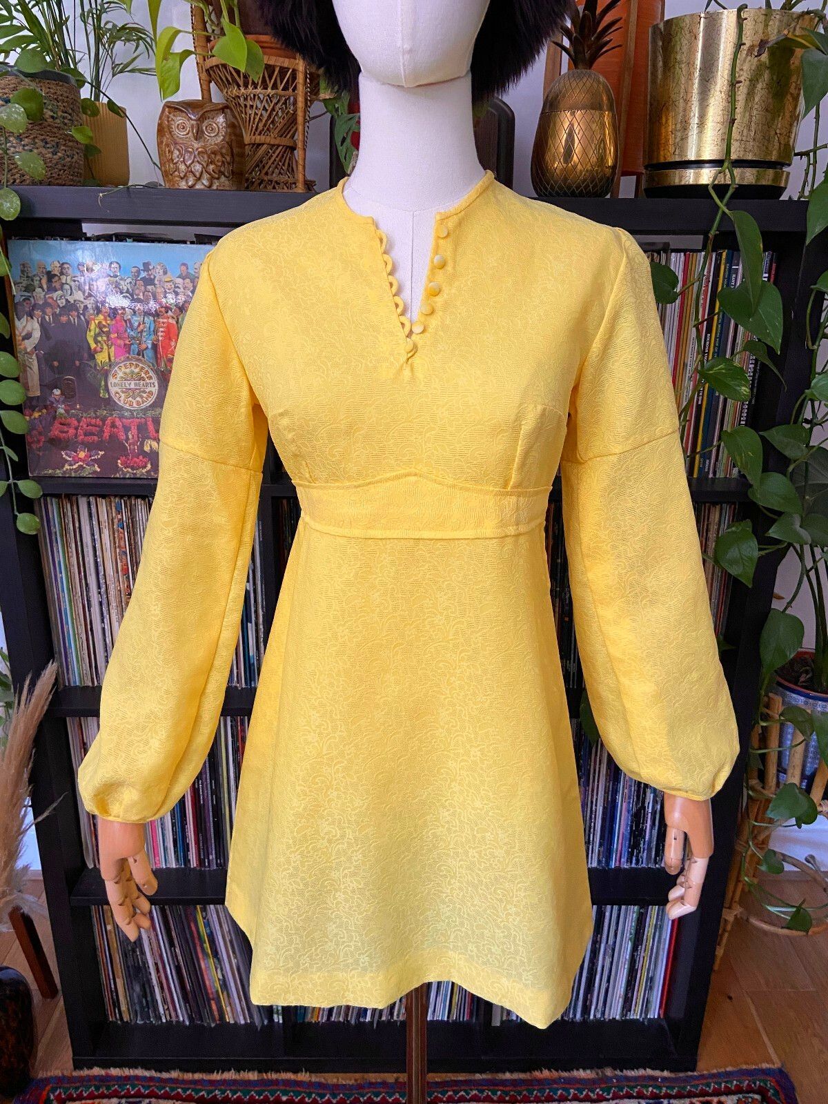 Vintage 1960s Yellow Button Detail Mini Dress