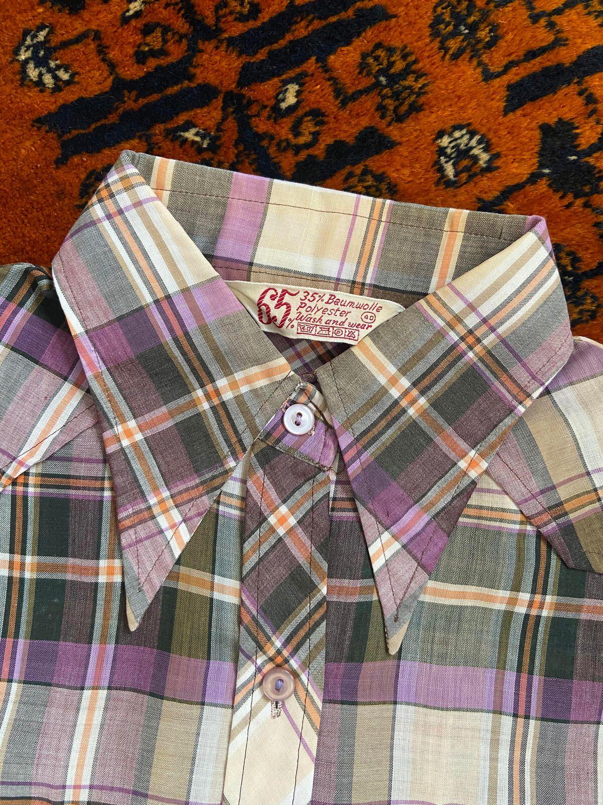 Vintage 1970s Purple Check Dagger Collar Shirt