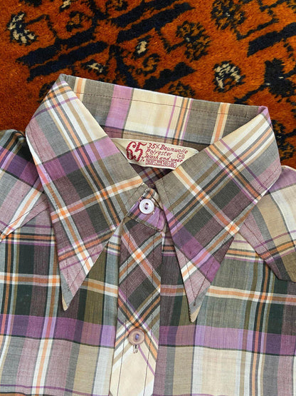 Vintage 1970s Purple Check Dagger Collar Shirt