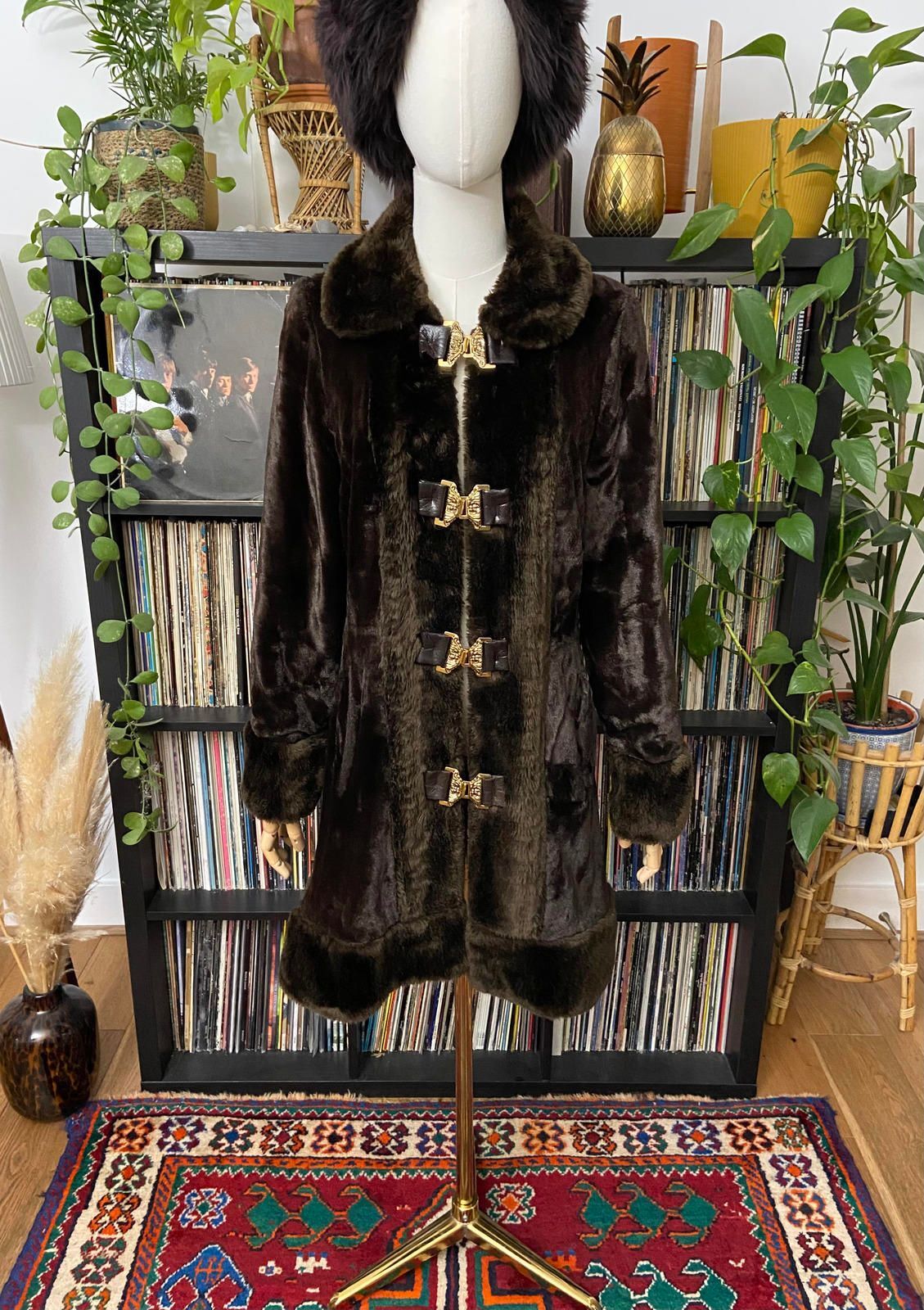 Vintage 1970s Brown Faux Fur Gold Buckle Coat