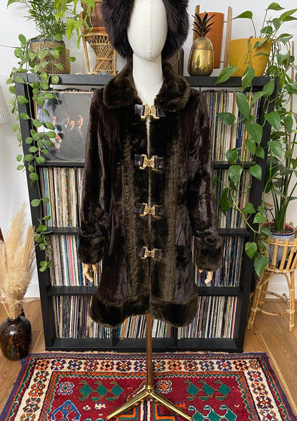Vintage 1970s Brown Faux Fur Gold Buckle Coat